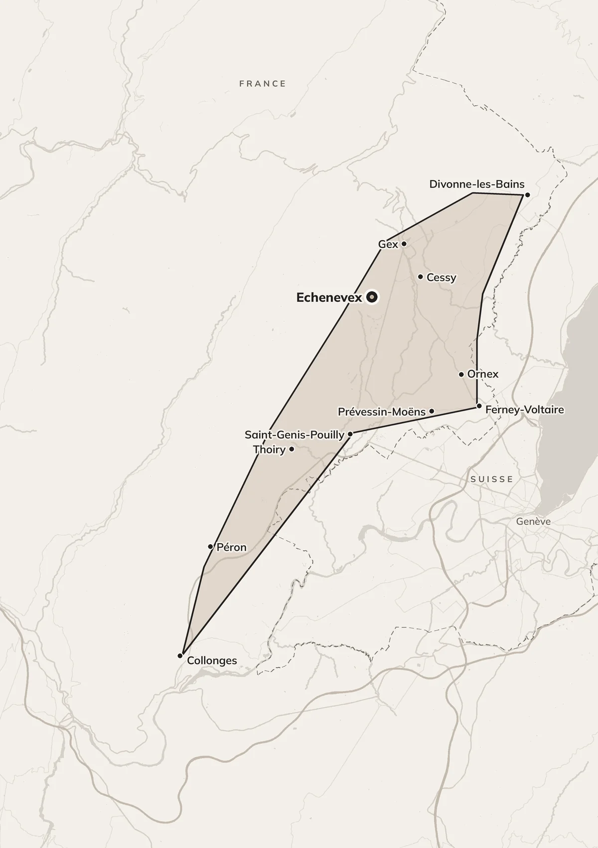 Carte de la zone d'intervention : tout le Pays de Gex, de Divonne-les-Bains à Collonges, autour d'Echenevex