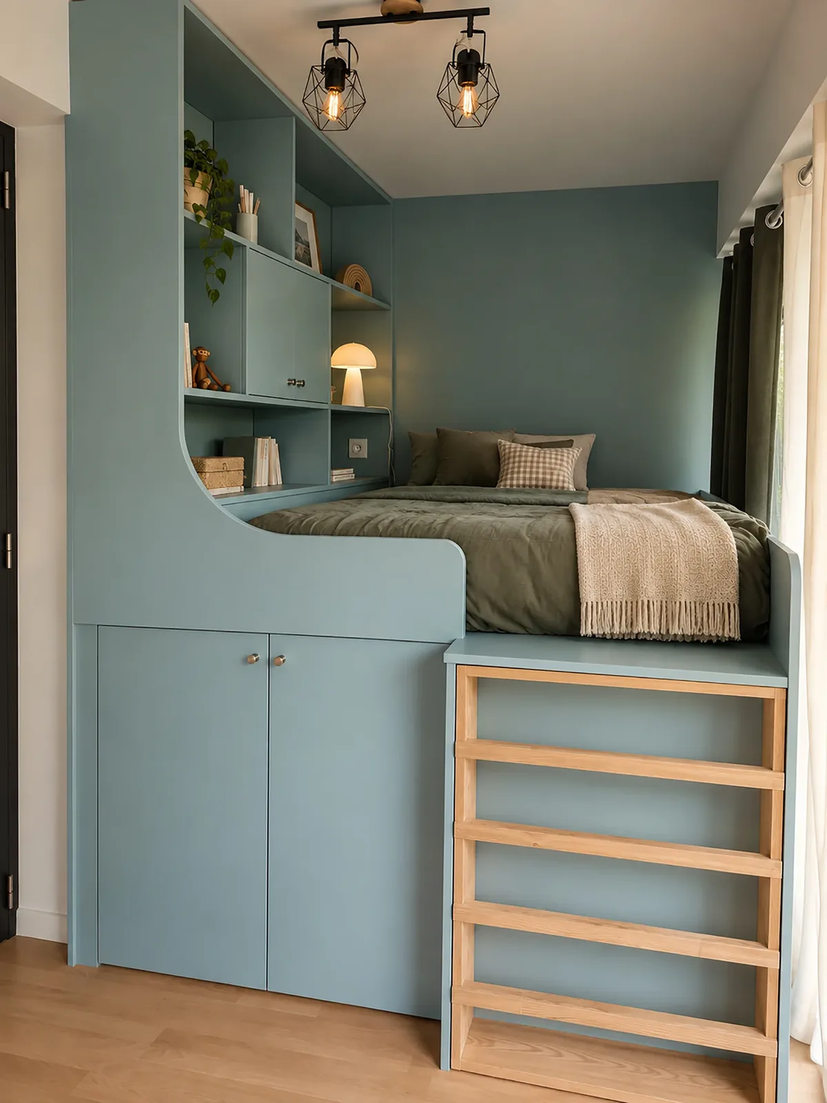 Lit surélevé bleu avec rangements intégrés et commode en bois — Un espace nuit sur mesure, Sauverny